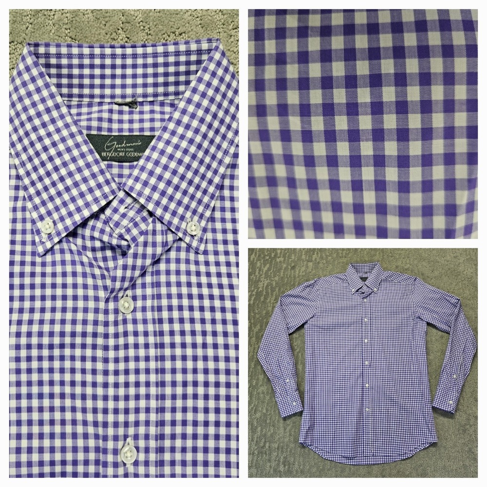 Bergdorf Goodman Shirt Mens M Button Up Purple White Gingham Check Italy‎ Made